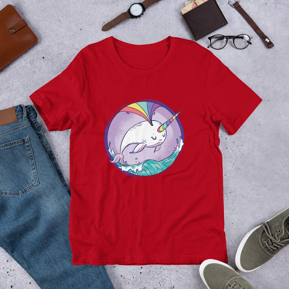 Rainbow Unicorn Whale Half Sleeve T-Shirt — Red