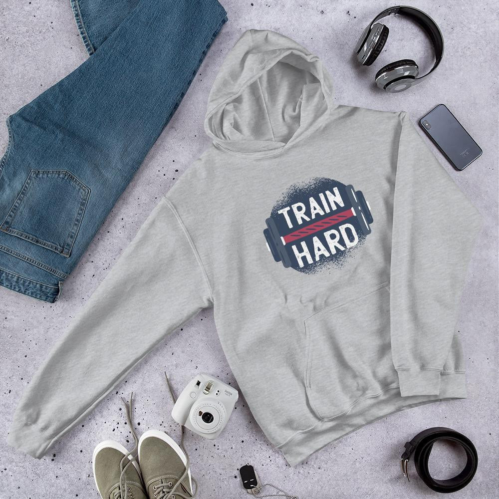 Train Hard Unisex Hooded Sweatshirt — Grey