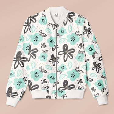 Turquoise Floral Pattern Bomber Jacket