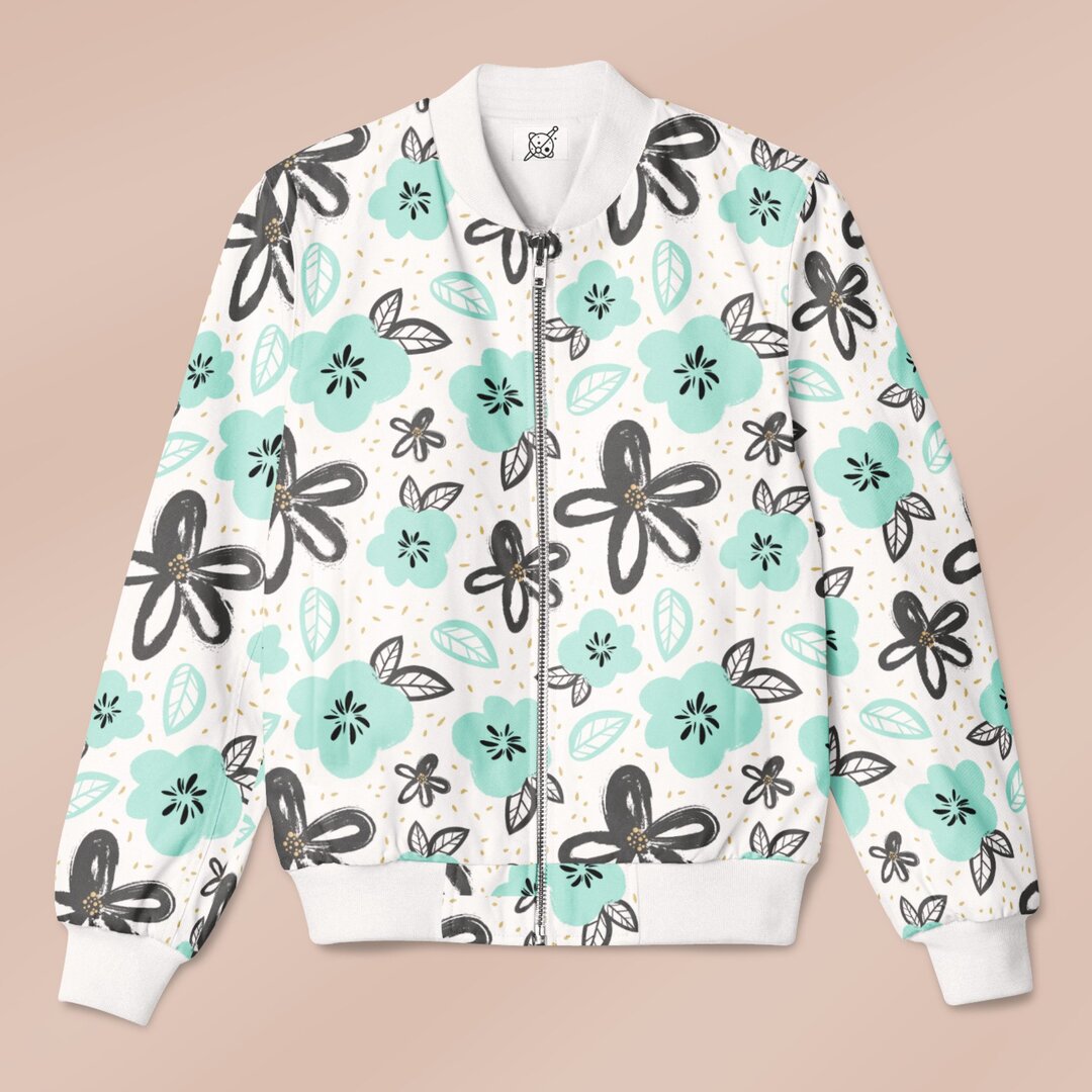 Turquoise Floral Pattern Bomber Jacket