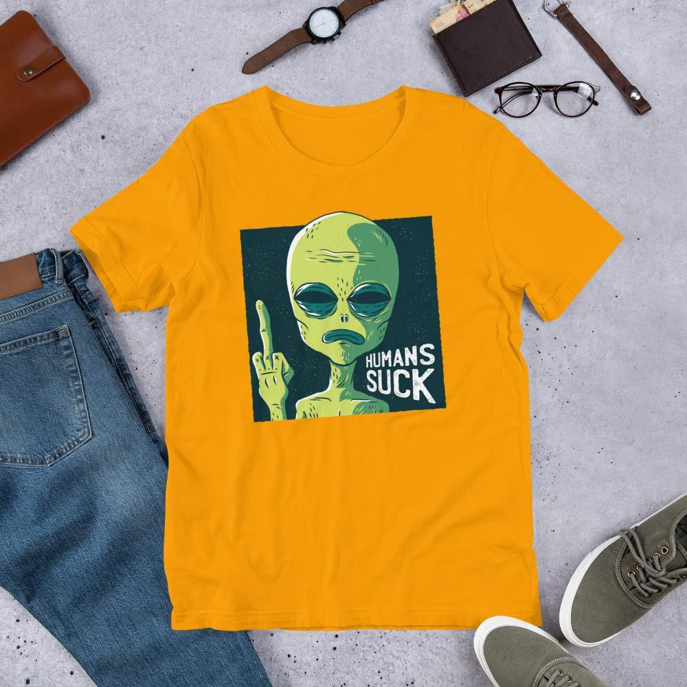 Humans Suck Alien Unisex Half Sleeve T-Shirt — Gold