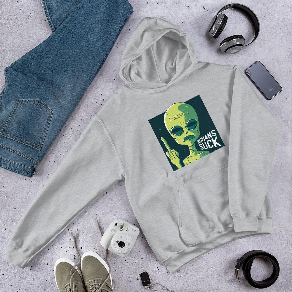 Humans Suck Alien Unisex Hooded Sweatshirt — Grey