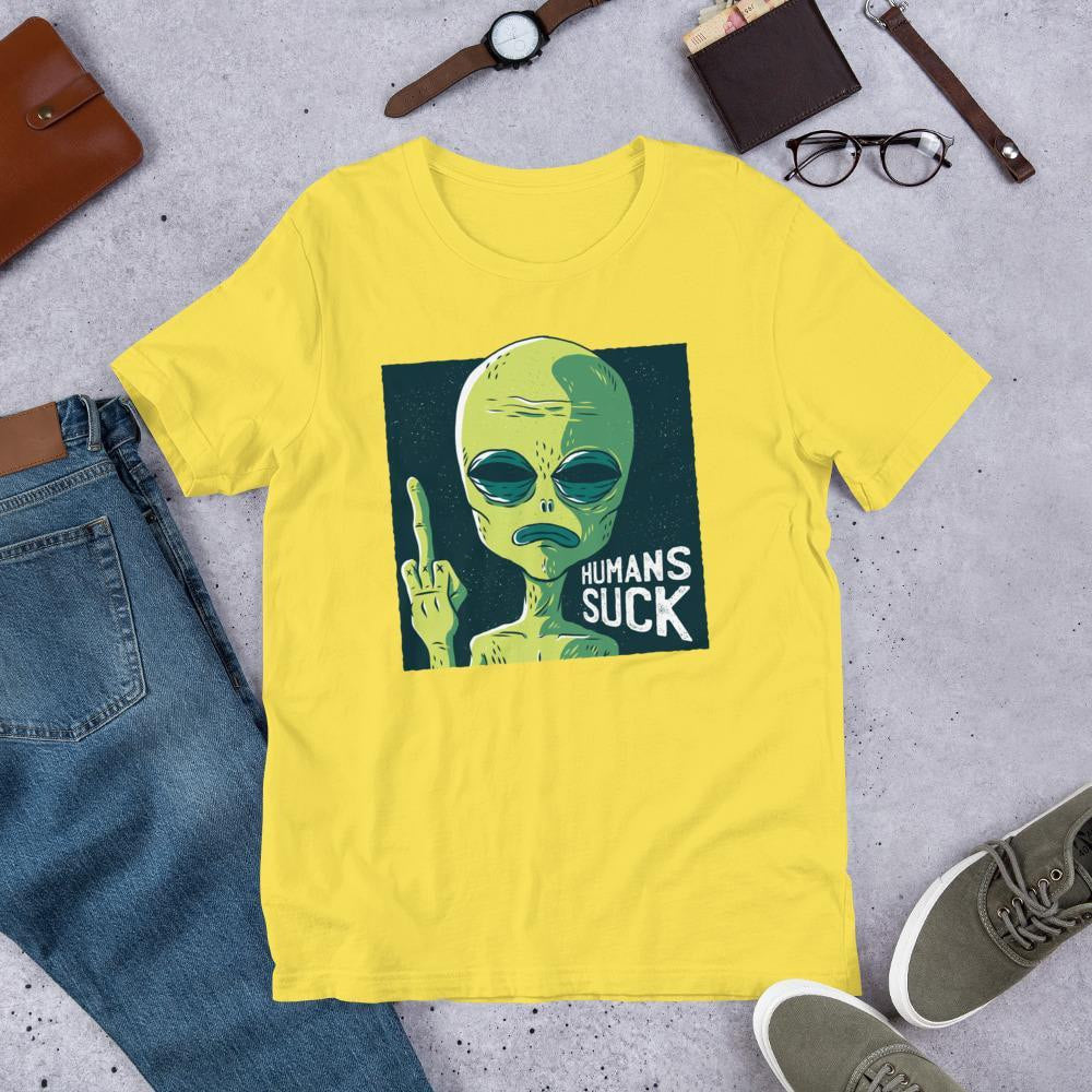 Humans Suck Alien Unisex Half Sleeve T-Shirt — Yellow