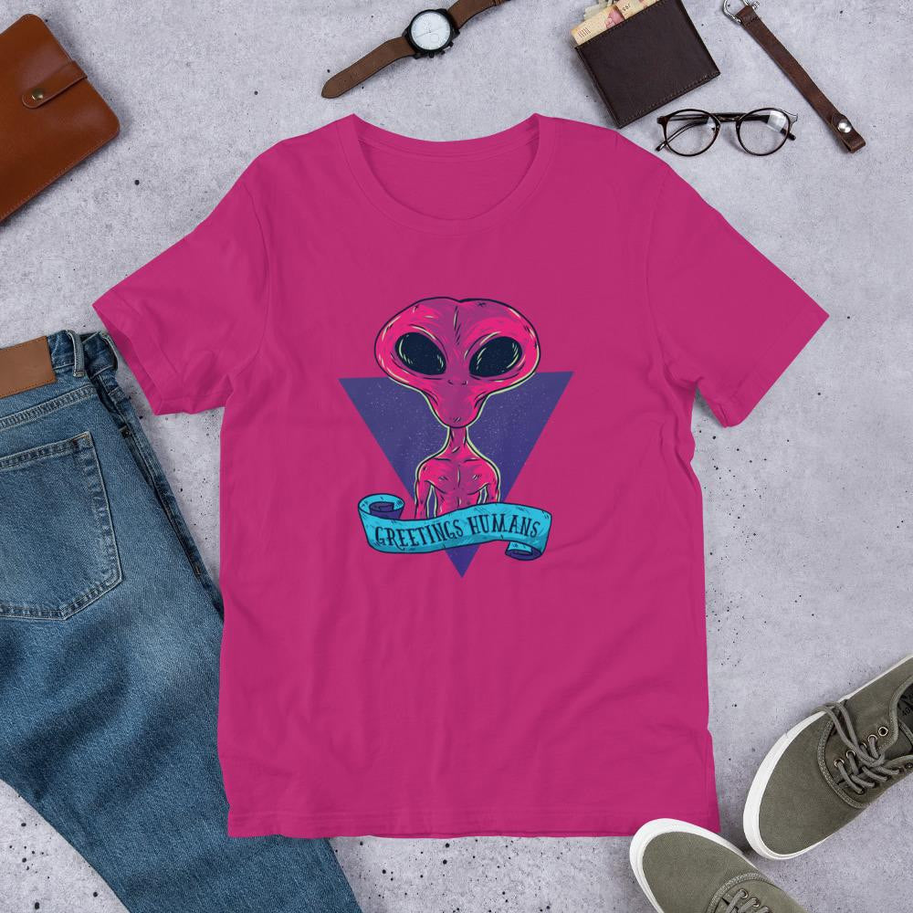 Greetings Humans Half Sleeve T-Shirt — Pink