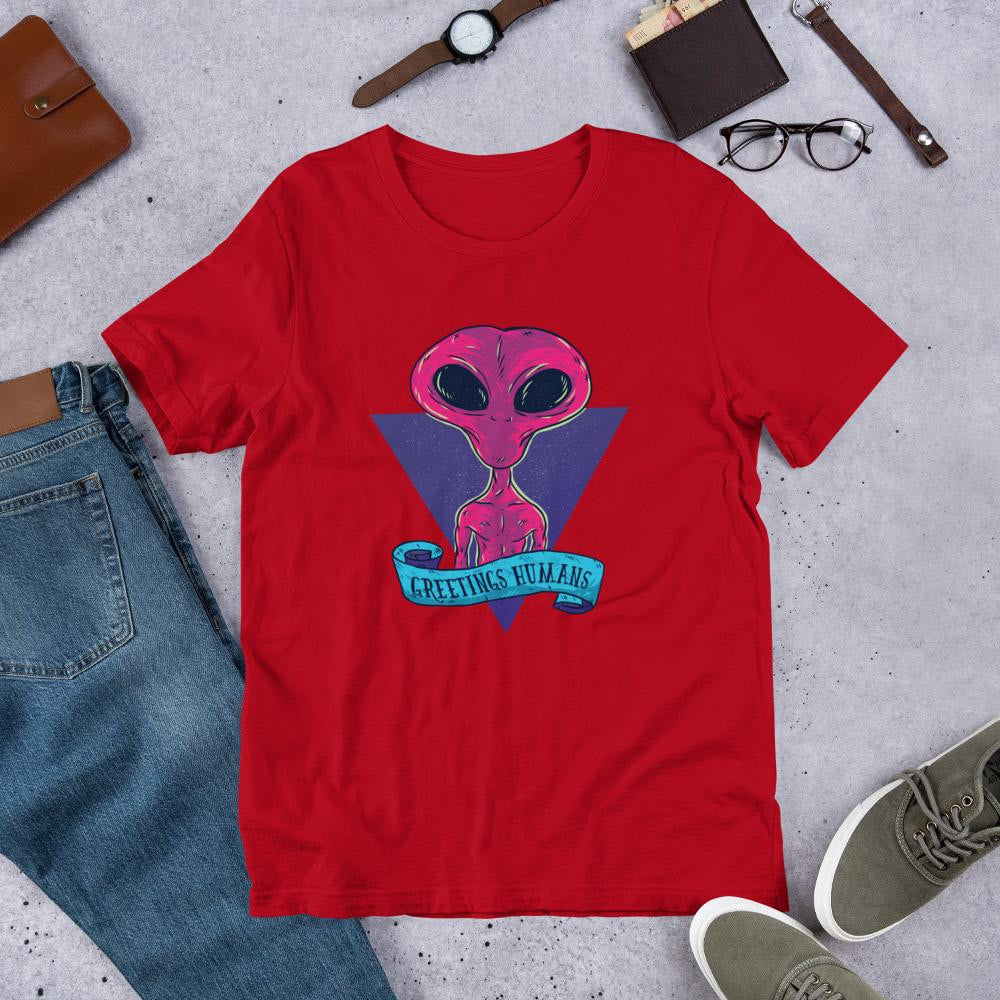 Greetings Humans Half Sleeve T-Shirt — Red