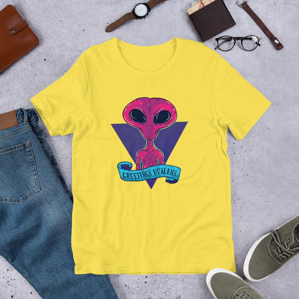 Greetings Humans Half Sleeve T-Shirt — Yellow