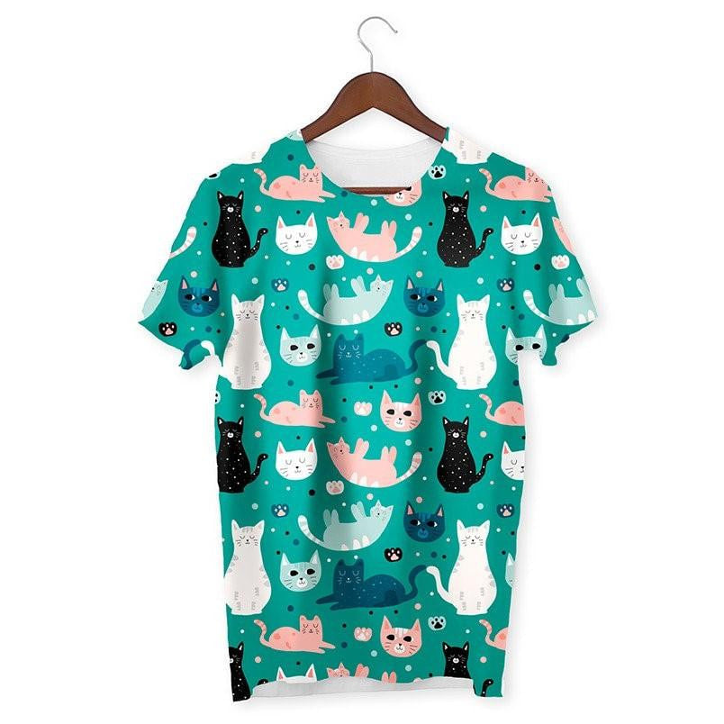 Cats & Paws Pattern T-Shirt #Light-Green