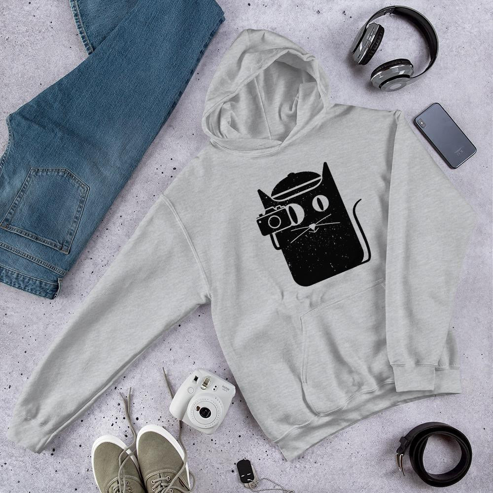 Cat and Camera Unisex Hooded Sweatshirt — Grey