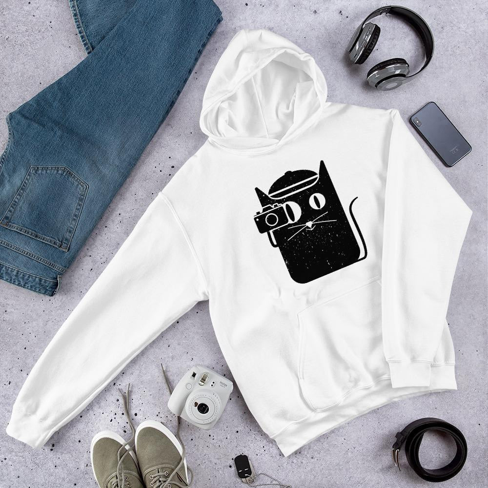 Cat and Camera Unisex Hooded Sweatshirt — White