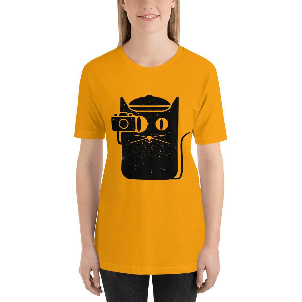 Cat and Camera Half Sleeve T-Shirt — Gold