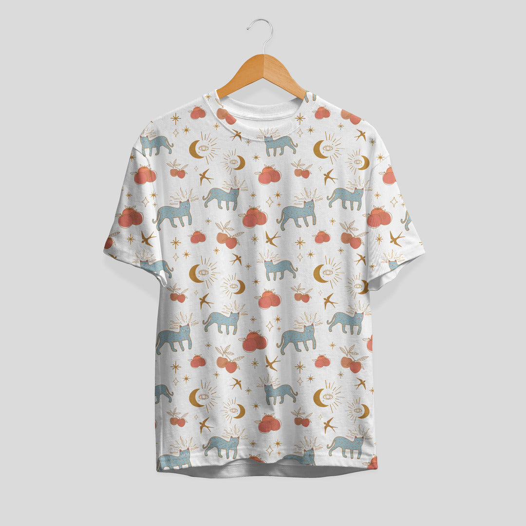 Celestial Fall Cat Pattern T-Shirt