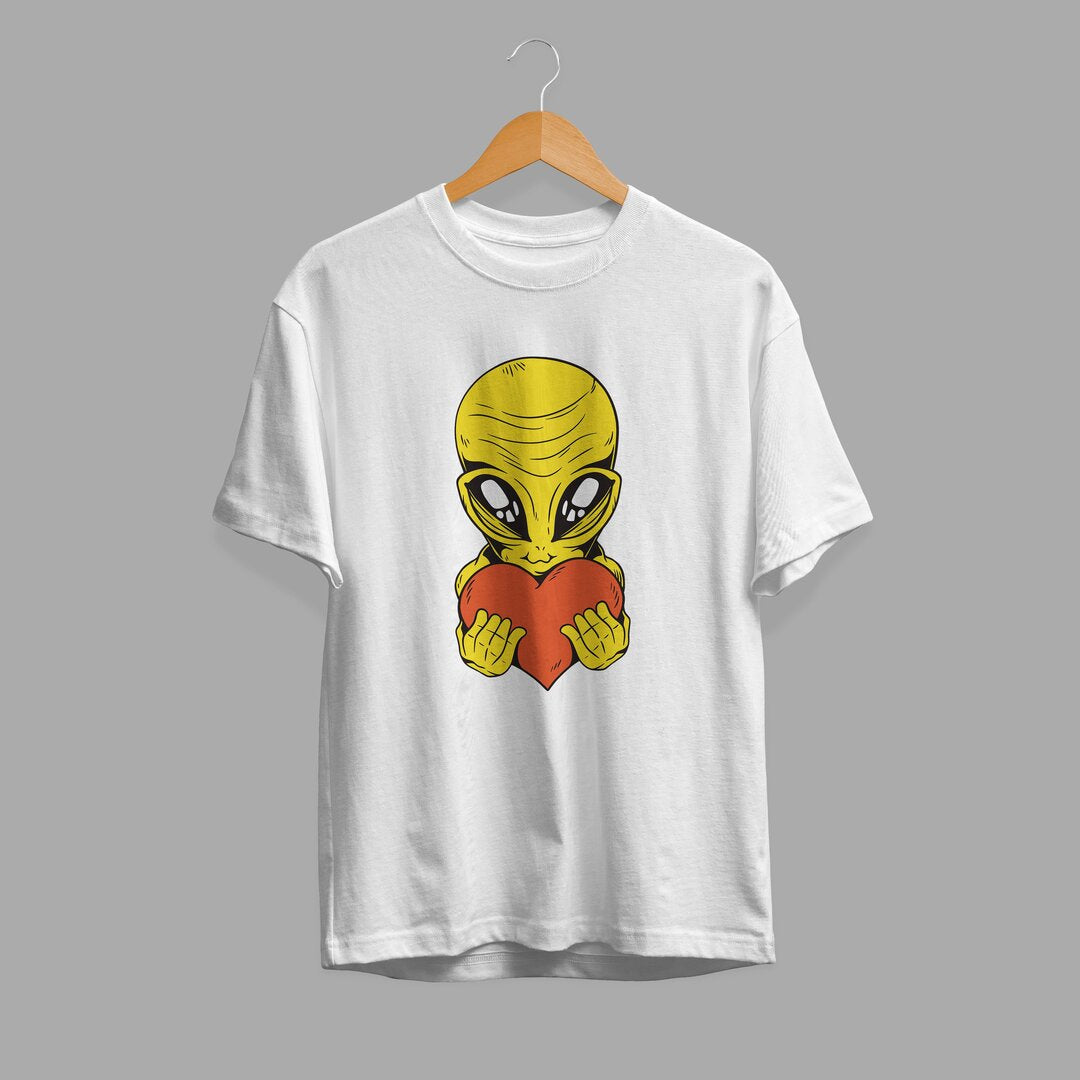 Alien With Heart Half-Sleeve T-Shirt — White