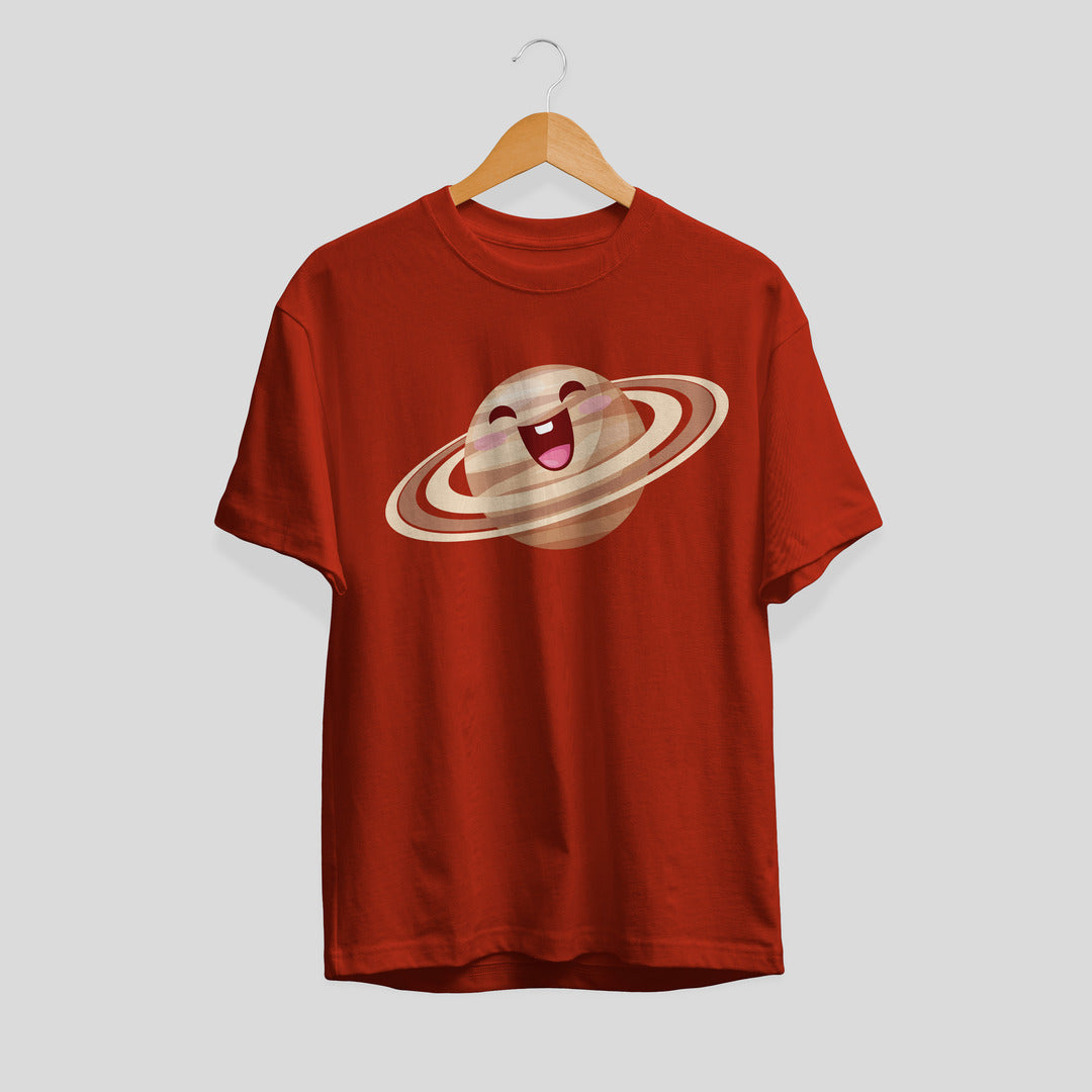 Saturn Cartoon Half-Sleeve T-Shirt — Brick Red