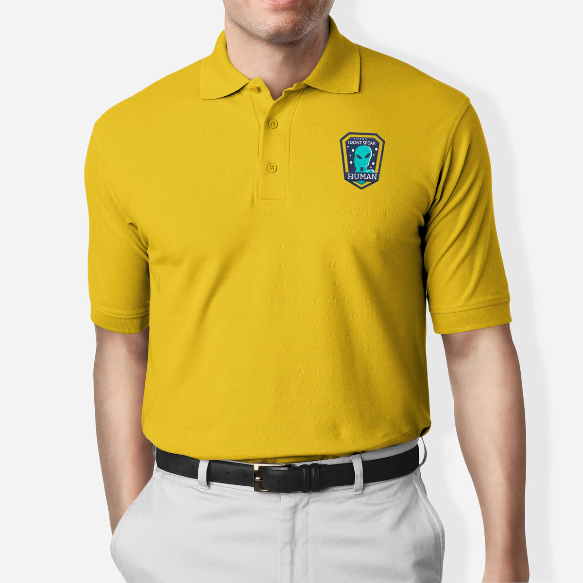 I Don't Speak Human Polo T-Shirt — Mustard Yellow