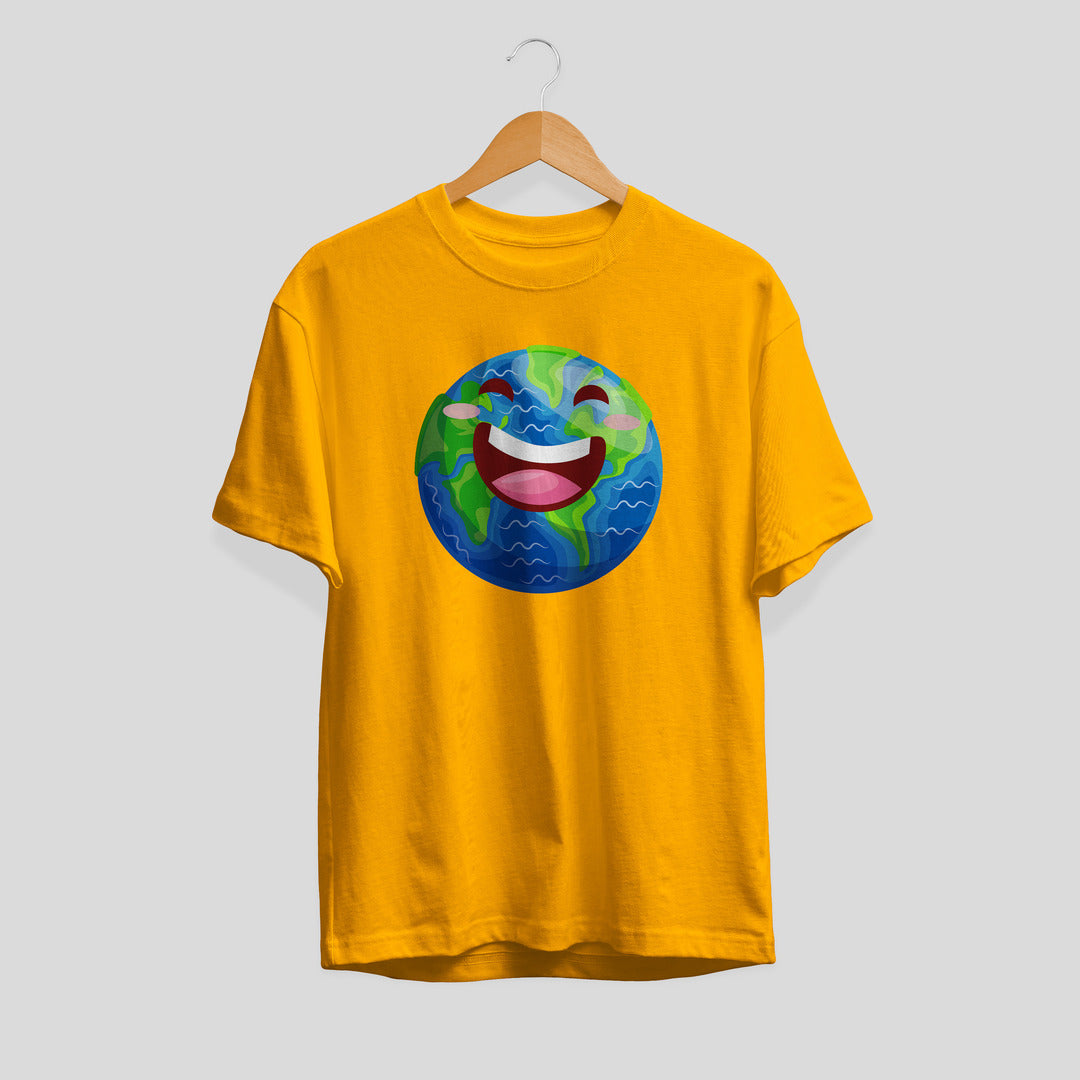Earth Cartoon Unisex Half-Sleeve T-Shirt — Golden Yellow