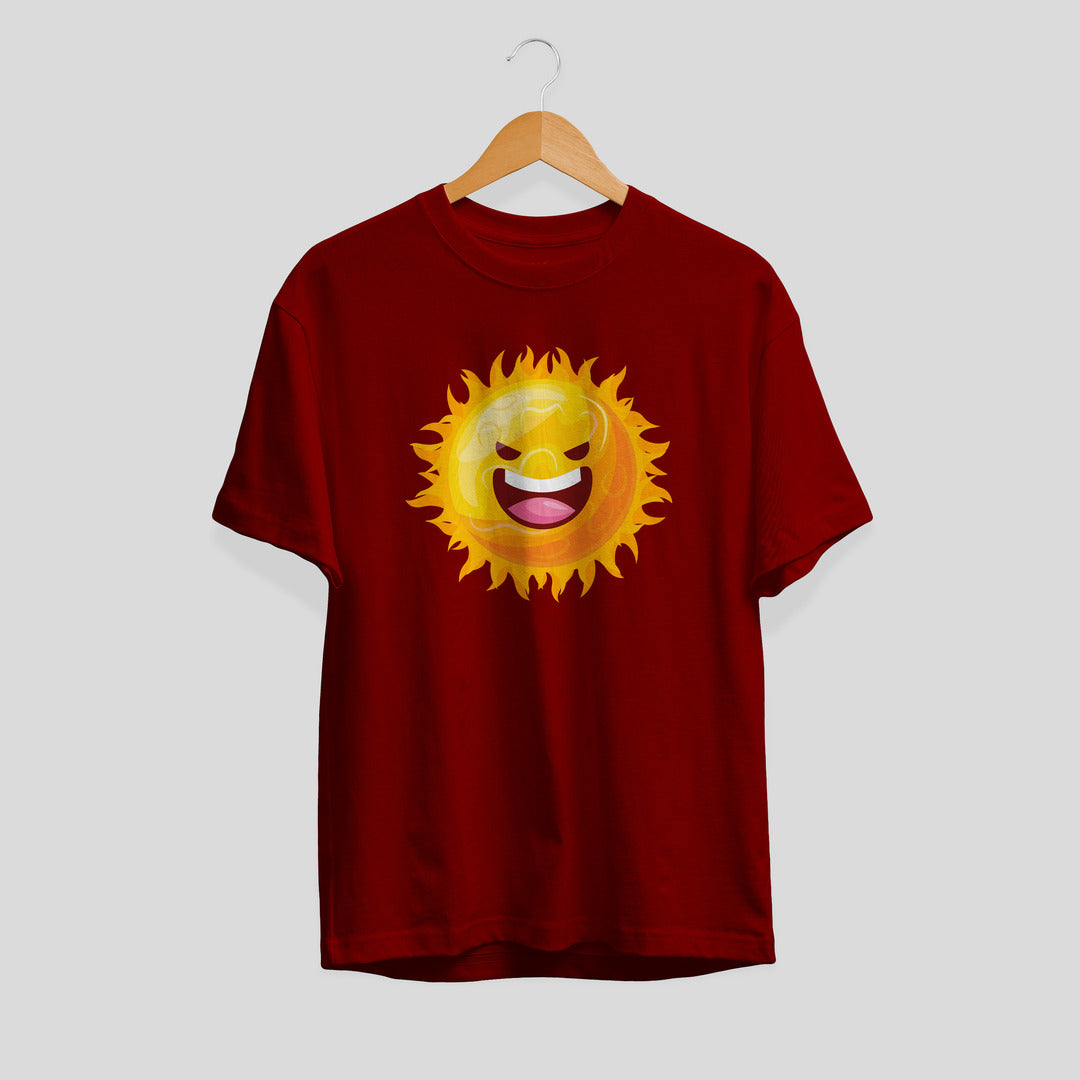 Sun Cartoon Half-Sleeve T-Shirt — Maroon