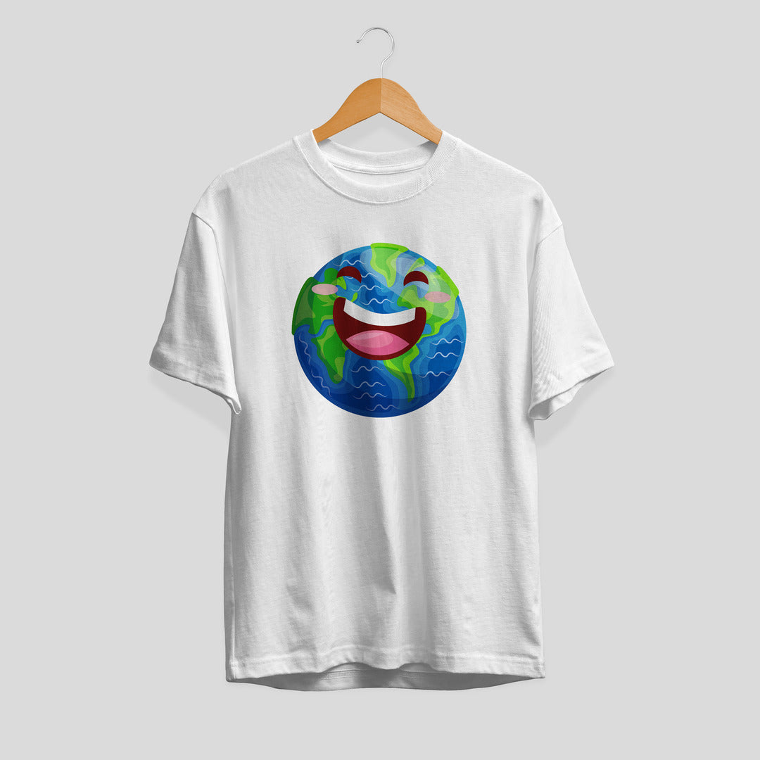 Earth Cartoon Unisex Half-Sleeve T-Shirt — White