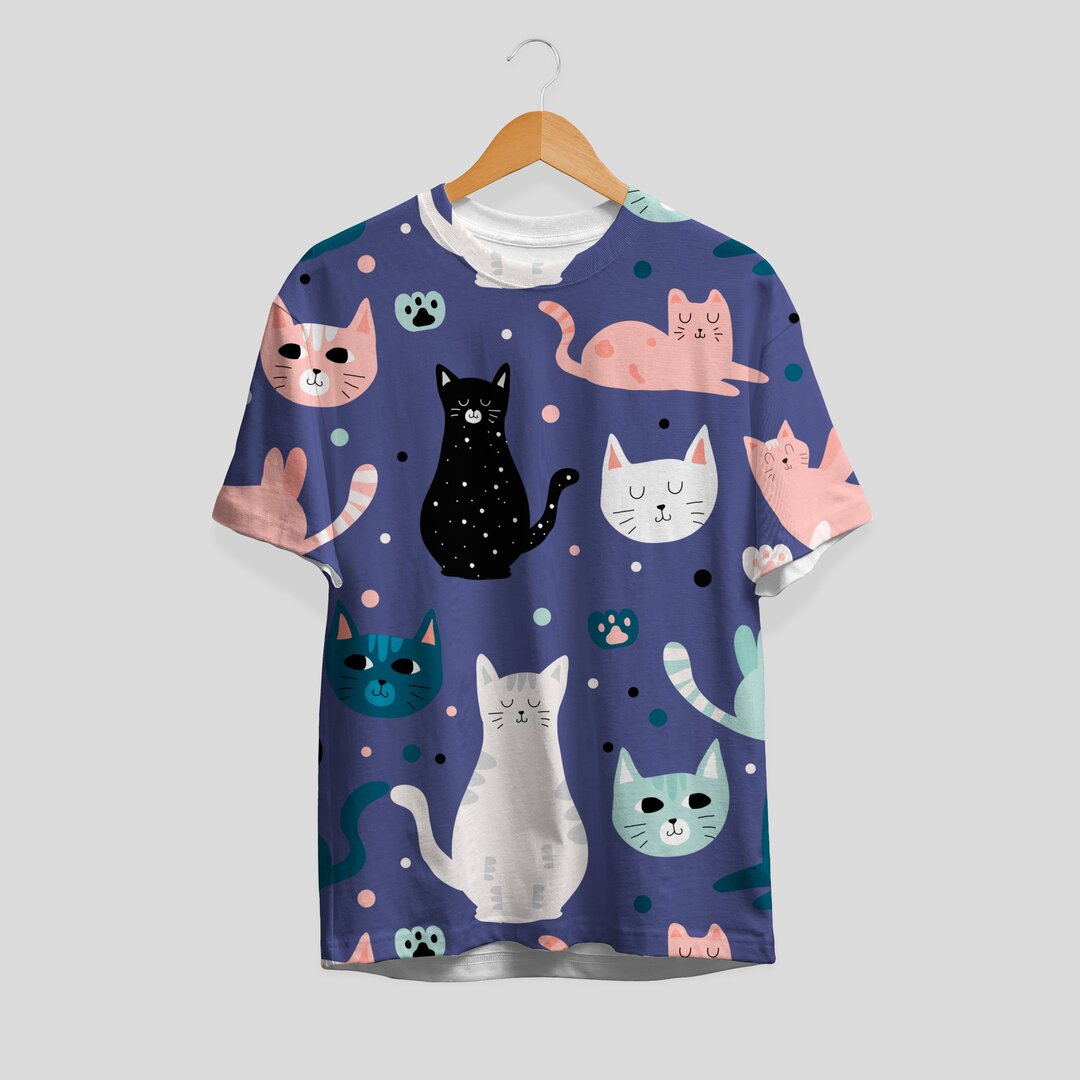 Cats & Paws Pattern T-Shirt #Blue #V2