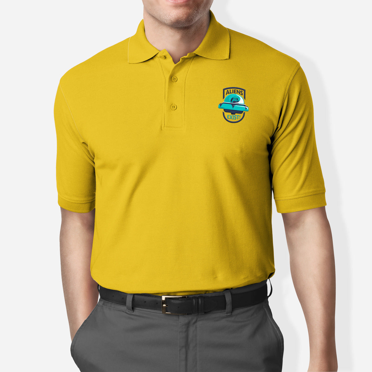 Aliens Exist Polo T-Shirt — Mustard Yellow