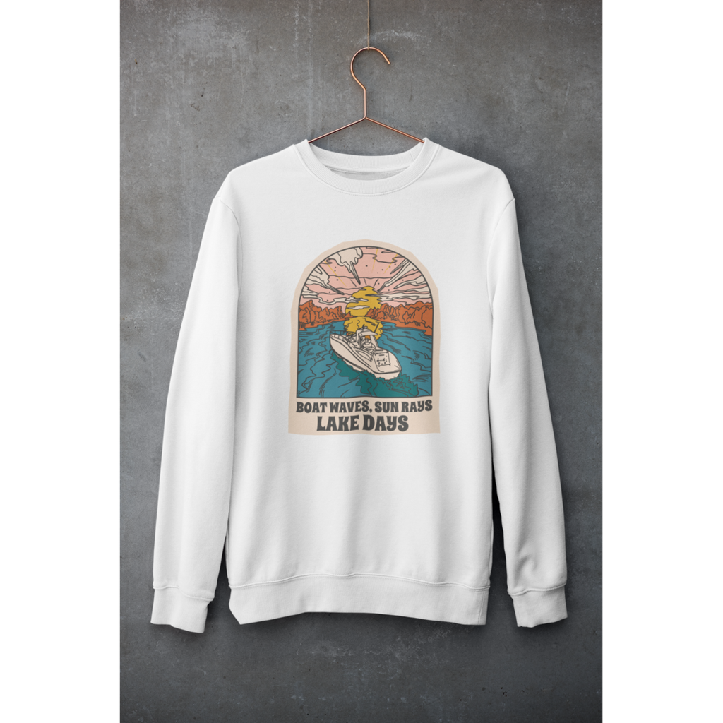 Boat, Lake & Sunset Unisex Sweatshirt — White