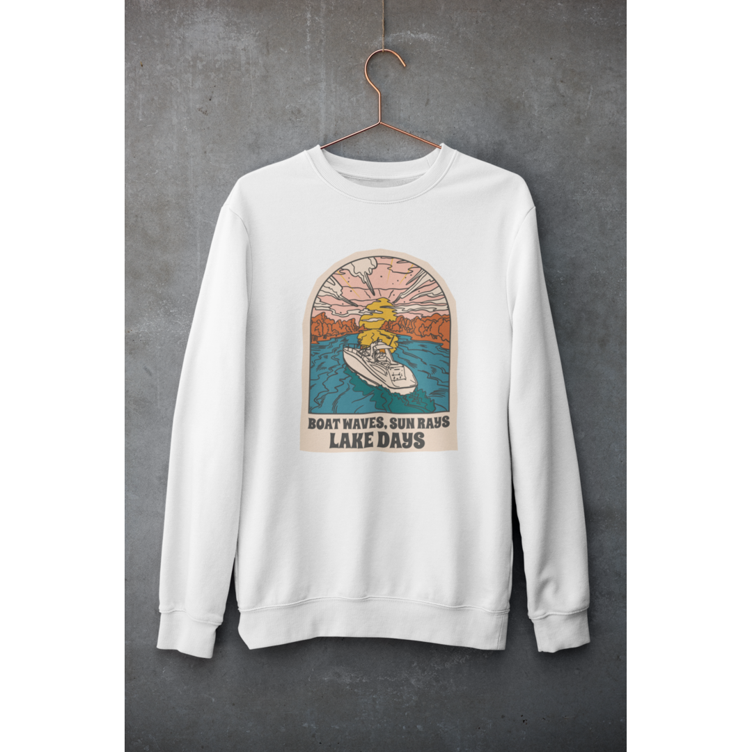 Boat, Lake & Sunset Unisex Sweatshirt — White