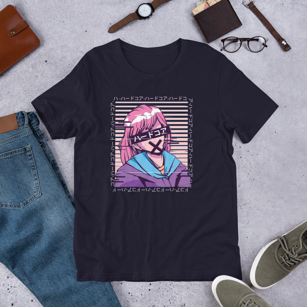 Glitch Anime Girl Half-Sleeve T-Shirt — Navy