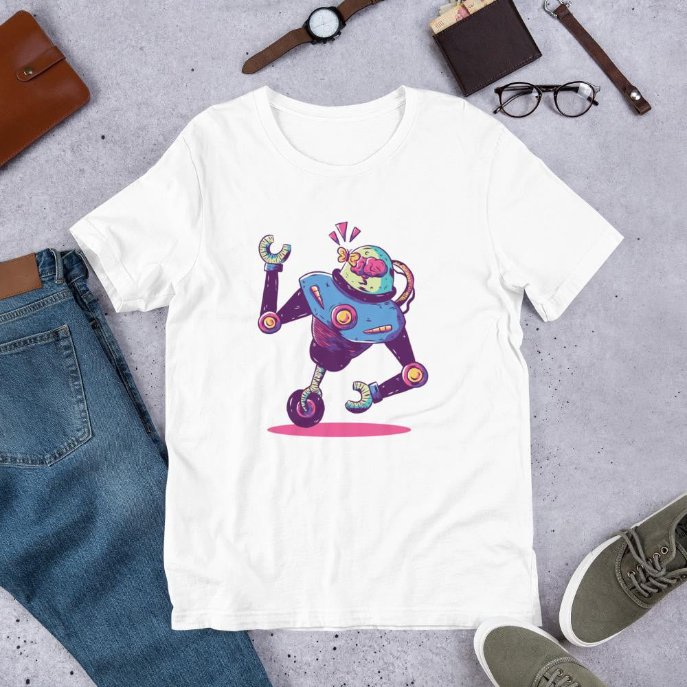 Mono Wheel Robot Half Sleeve T-Shirt — White
