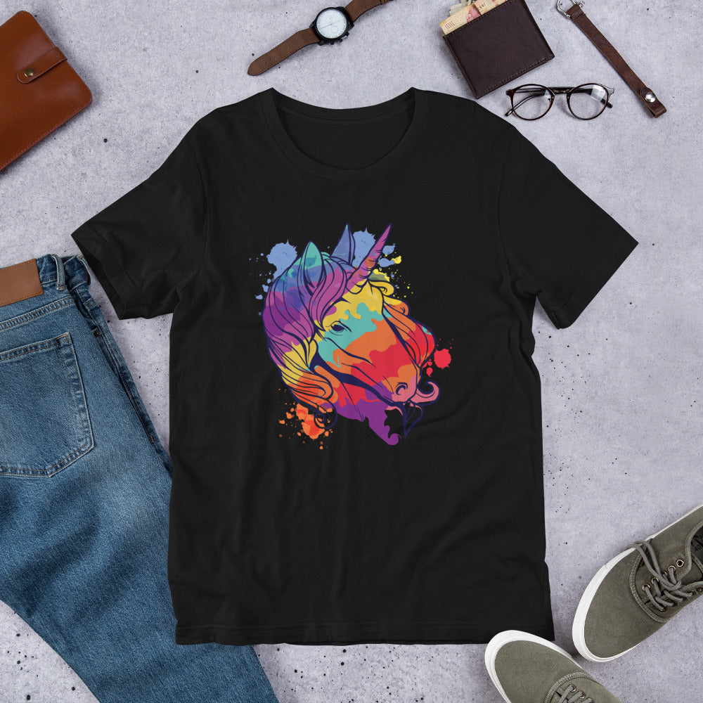 Colorful Unicorn Half-Sleeve T-Shirt — Black