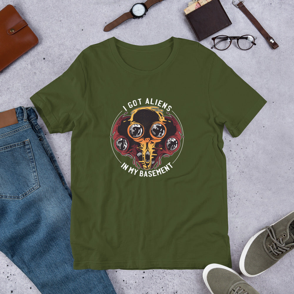 Aliens In Basement Half-Sleeve T-Shirt — Olive