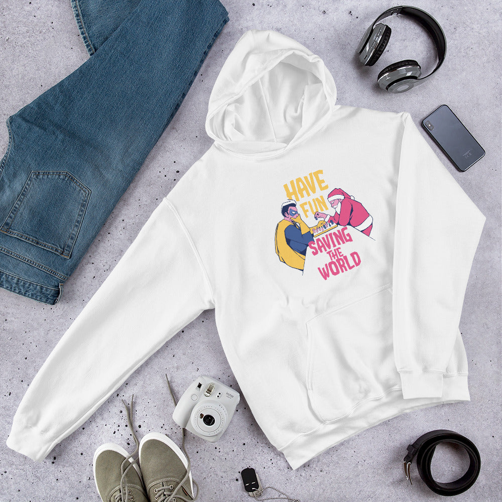Superhero V Santa Unisex Hooded Sweatshirt — White