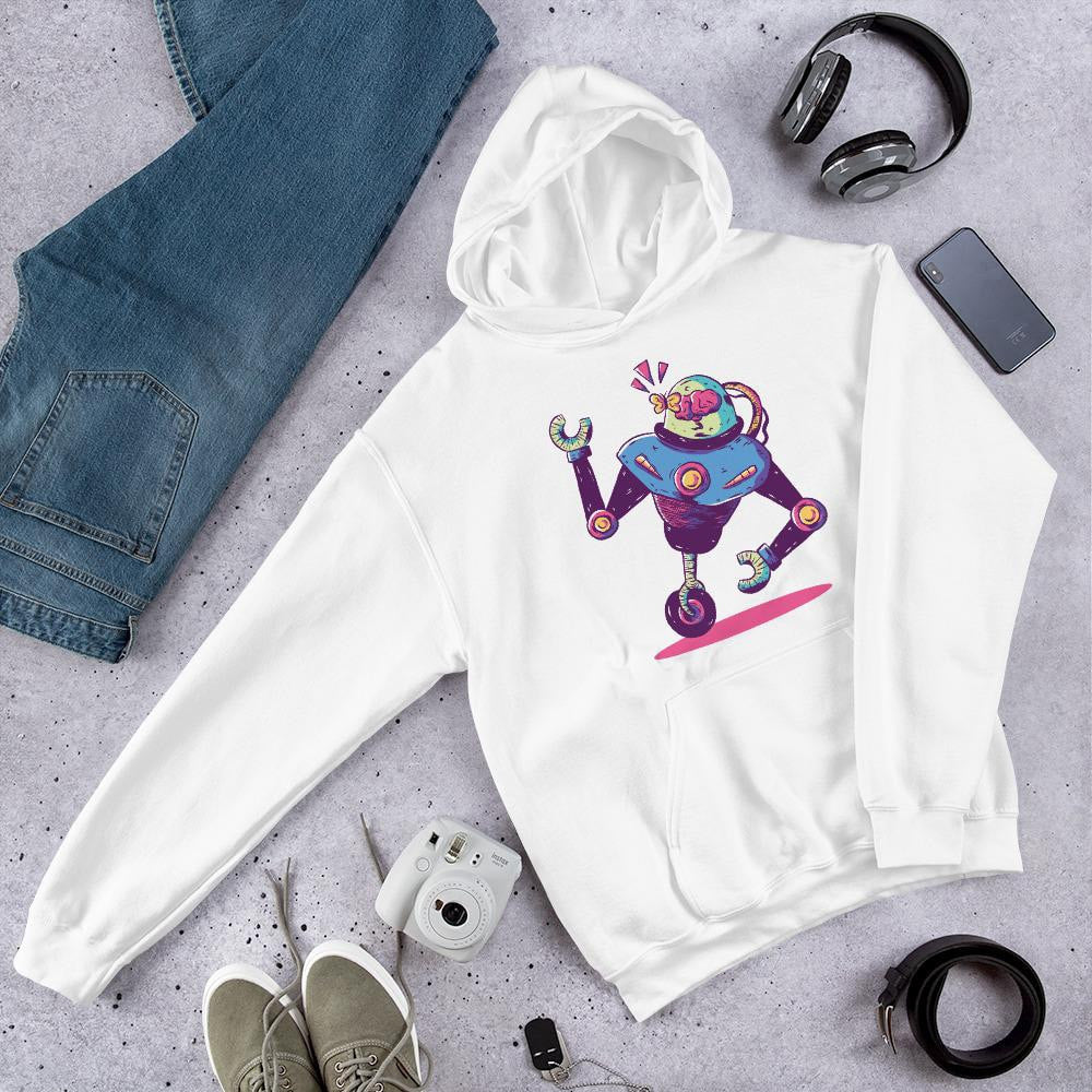 Mono Wheel Robot Unisex Hooded Sweatshirt — White