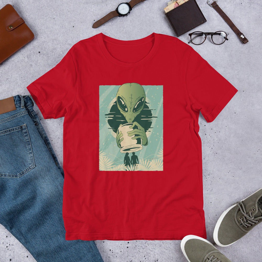 Alien Humans Abstract Unisex Half-Sleeve T-Shirt — Red