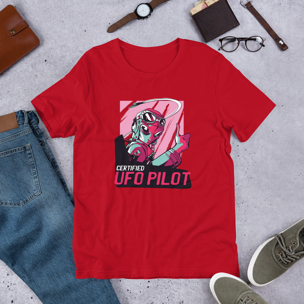 Certified UFO Pilot Half-Sleeve T-Shirt — Red
