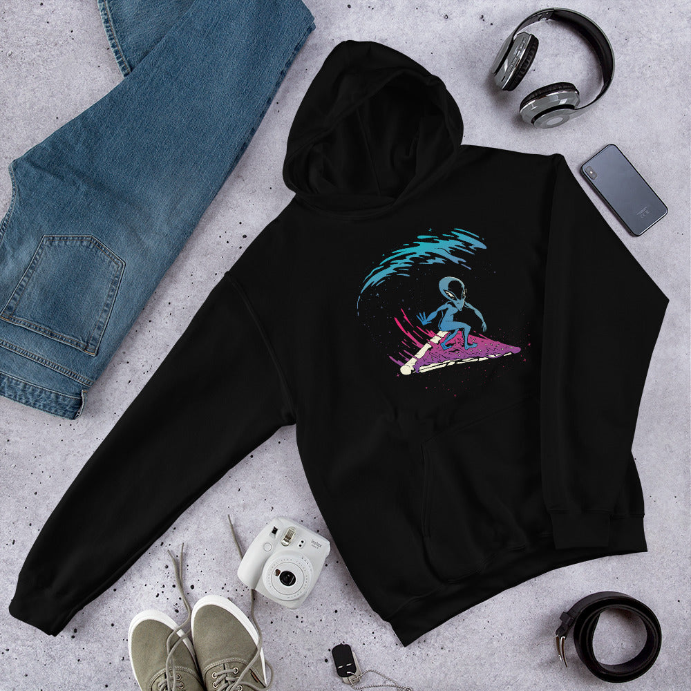 Alien Pizza Surfing Unisex Hooded Sweatshirt — Black