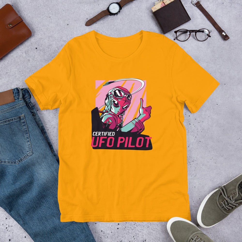 Certified UFO Pilot Unisex Half-Sleeve T-Shirt — Gold