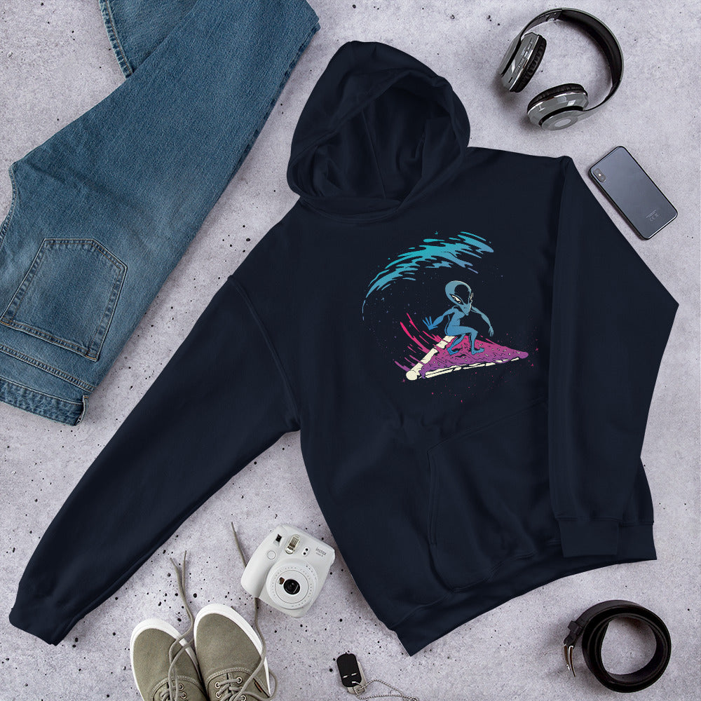 Alien Pizza Surfing Unisex Hooded Sweatshirt — Navy