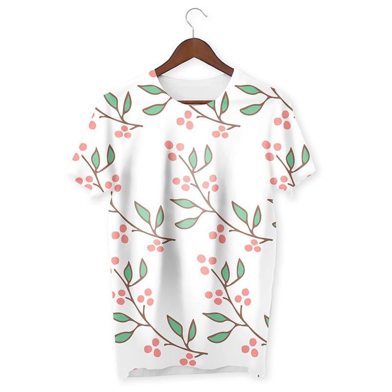 Leaves & Red Floral Pattern T-Shirt