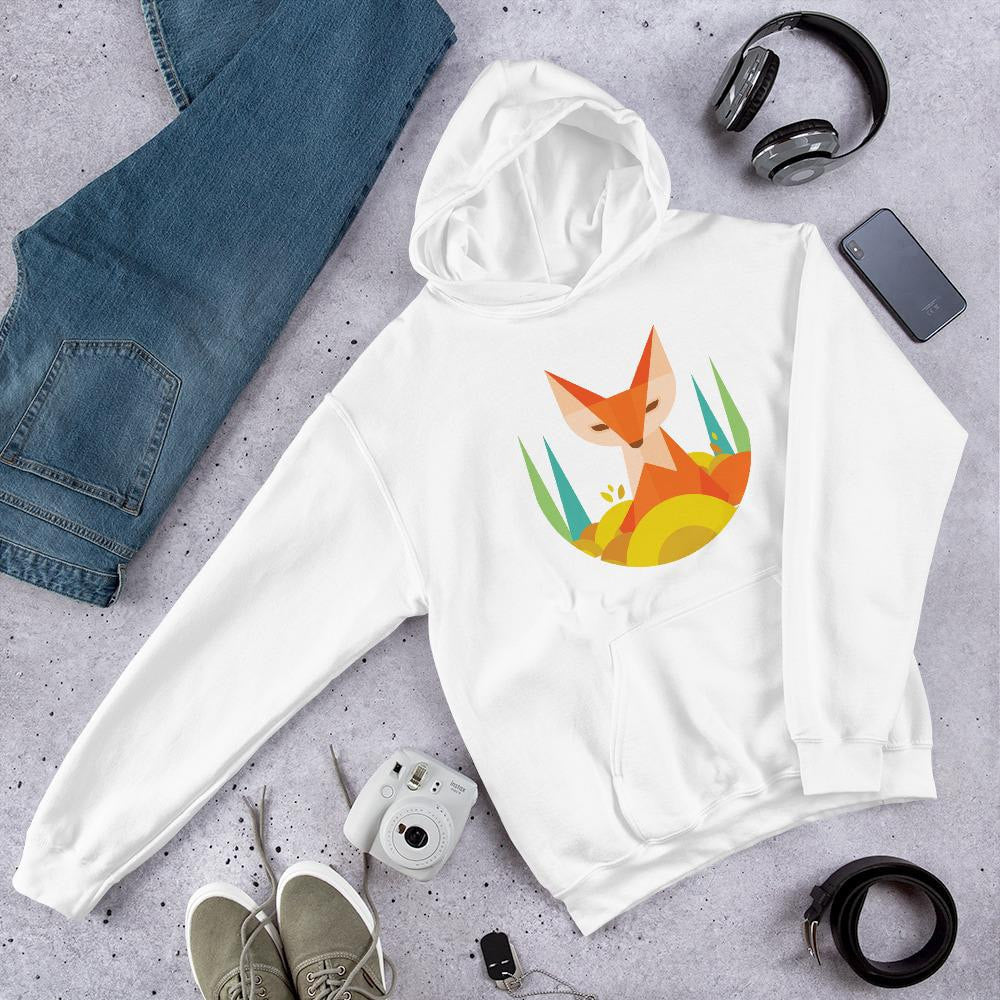 Geometric Fox Unisex Hooded Sweatshirt — White